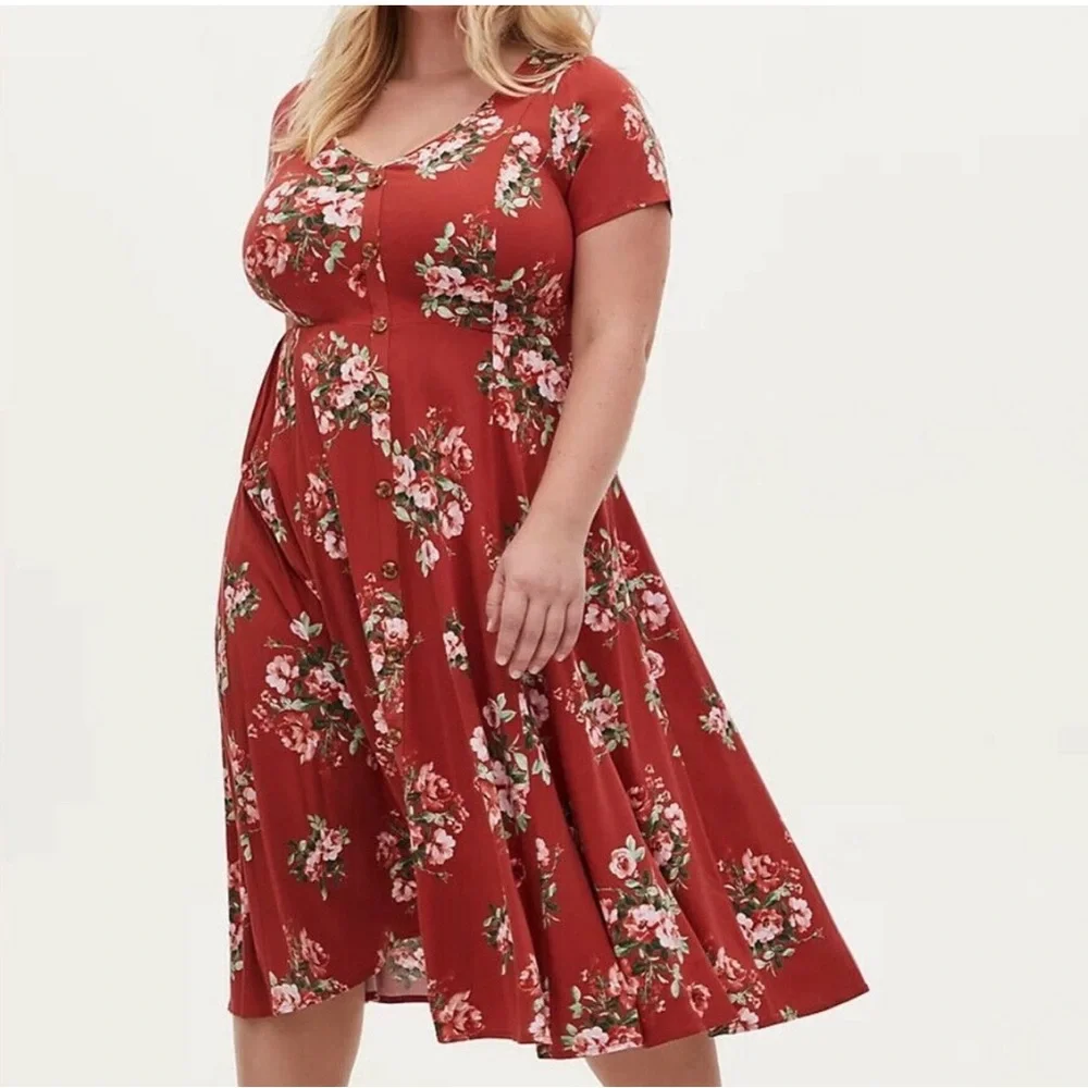 GUS Torrid 4 (24/26) Burnt Orange Floral Dress Buttons and Maxi Skirt Pockets - Picture 1 of 4
